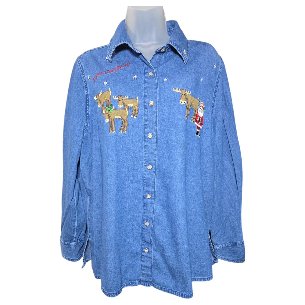 Women 1X Denim Embroidered Long Sleeve Top Ugly Holiday Christmas Santa Reindeer